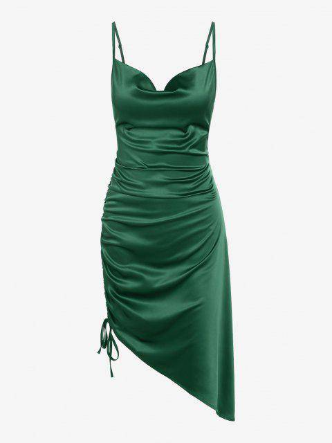 Satin Cowl Front Cinched Asymmetric Dress
