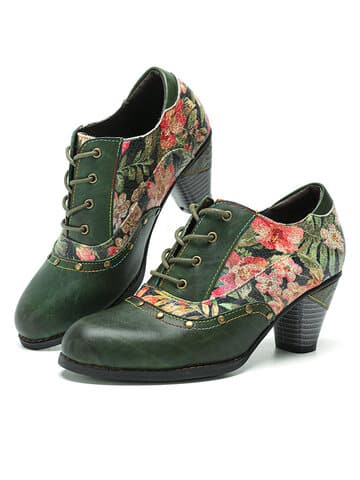 Socofy Vintage Leather Ethnic Print Shoes