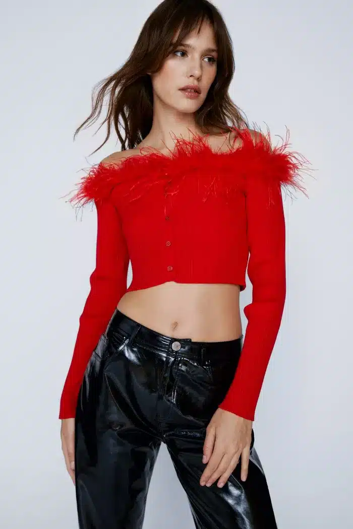 Feather Trim Button Front Knitted Top