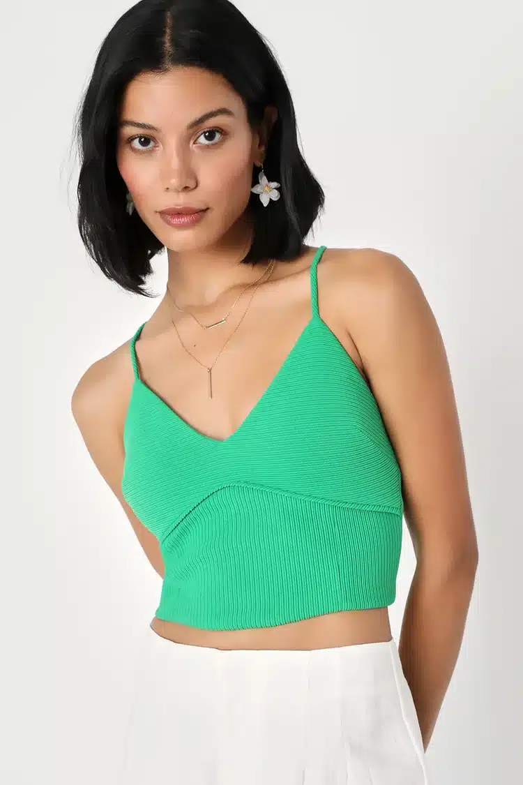 Summer Rays Green Ribbed Lace-Up Cropped Cami Top