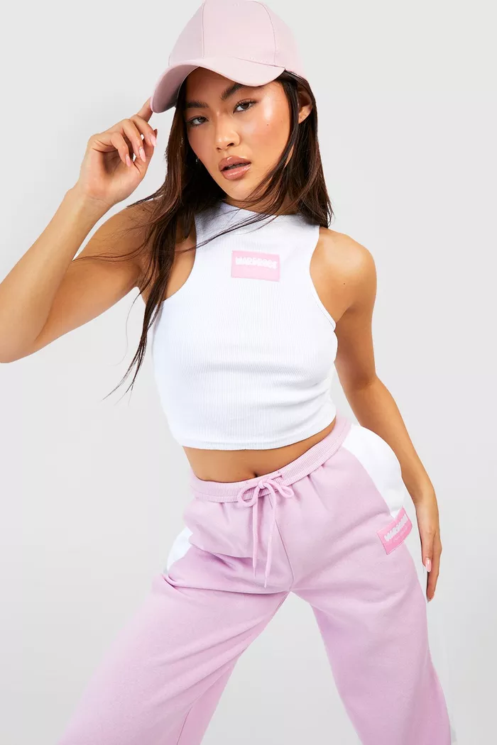 Woven Tab Ribbed Crop Racer Top